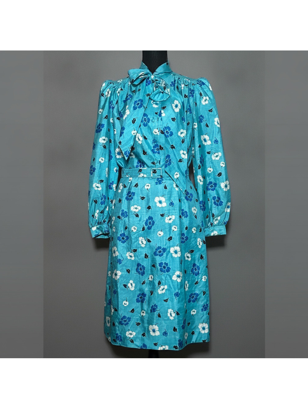 Women's Vintage Blue Floral Long Sleeve 2 Piece Set Silk 80s Fashion Retro S/M